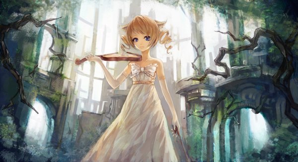 Anime picture 3467x1890 with original qghy single looking at viewer fringe highres short hair blue eyes wide image standing holding animal ears sleeveless drill hair tiger ears girl dress gloves bow plant (plants)