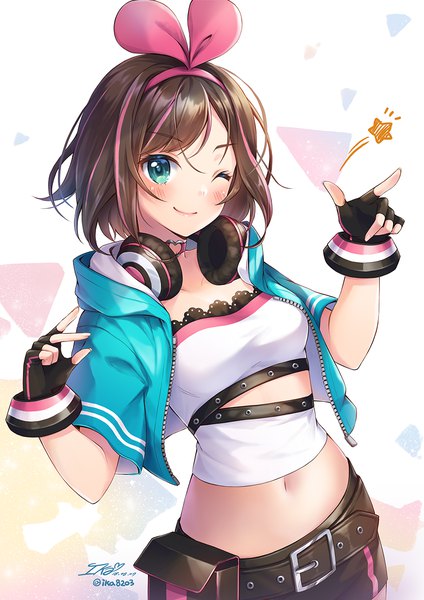 Anime picture 848x1200 with virtual youtuber a.i. channel kizuna ai kizuna ai (a.i. games) ika (4801055) single tall image looking at viewer blush short hair smile brown hair signed one eye closed multicolored hair aqua eyes wink open jacket midriff streaked hair