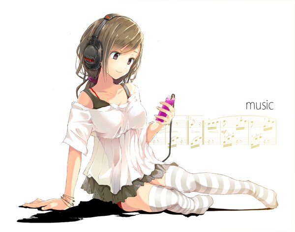 Anime picture 1000x788 with original ipod yae (mono110) single long hair fringe simple background brown hair white background purple eyes light smile off shoulder knees touching girl thighhighs bracelet headphones striped thighhighs wire (wires) musical note