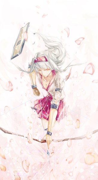 Anime picture 860x1577 with kantai collection shoukaku aircraft carrier alter-c single long hair tall image simple background yellow eyes looking away cleavage white hair pleated skirt from above pink background girl skirt weapon petals single glove bow (weapon)