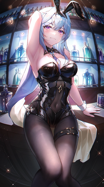 Anime picture 1179x2111 with genshin impact eula lawrence jinone single long hair tall image looking at viewer blush fringe breasts light erotic hair between eyes large breasts sitting purple eyes animal ears blue hair indoors arm up light smile