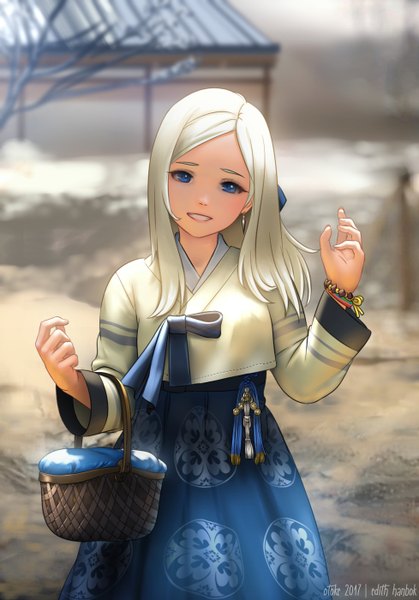Anime picture 978x1400 with original edith wilton mawa setiawan single long hair tall image looking at viewer blue eyes blonde hair smile signed long sleeves traditional clothes arms up depth of field 2017 korean clothes girl skirt earrings