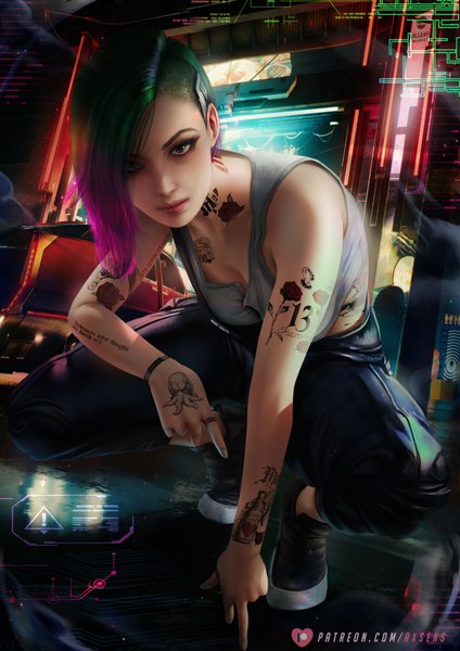 Anime picture 3532x5000 with cyberpunk 2077 judy alvarez axsen single tall image looking at viewer fringe highres short hair breasts large breasts signed pink hair absurdres full body bent knee (knees) multicolored hair fingernails green hair lips