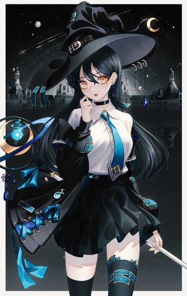 Anime picture 1895x3000 with original yuka865 single long hair tall image looking at viewer blush fringe highres open mouth black hair standing holding yellow eyes outdoors pleated skirt off shoulder night mole open jacket