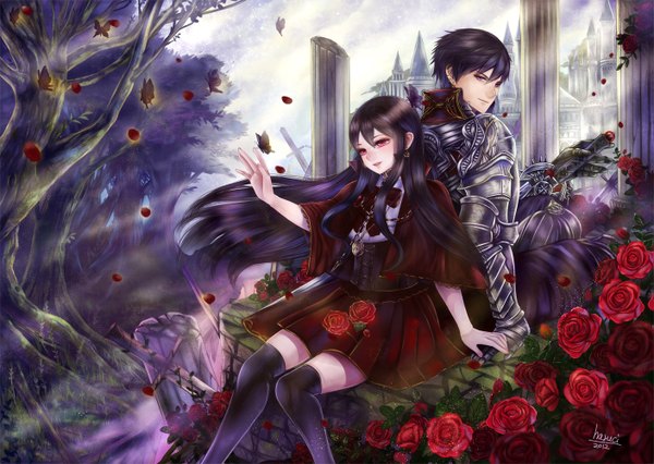Anime picture 1407x1000 with haruci long hair looking at viewer smile red eyes brown hair sitting looking away zettai ryouiki back to back girl thighhighs boy skirt flower (flowers) weapon black thighhighs plant (plants) petals sword