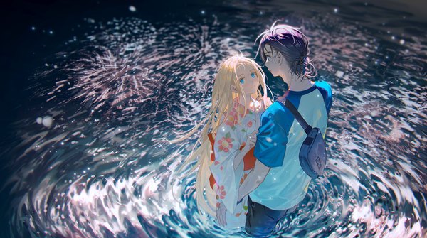Anime picture 2500x1397 with summertime render kofune ushio ajiro shinpei tidsean highres short hair blue eyes black hair blonde hair wide image very long hair traditional clothes japanese clothes from above night couple partially submerged reflection fireworks raglan sleeves
