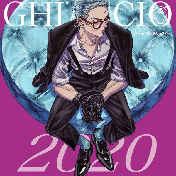 Anime picture 1000x1000 with jojo no kimyou na bouken ghiaccio hagiko single short hair blue eyes sitting signed blue hair full body from above character names turning head open collar clothes on shoulders purple background interlocked fingers twisty sleeves 2020 boy