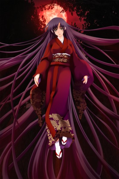 Anime picture 1024x1536 with insai no shima single long hair tall image black hair game cg japanese clothes grey eyes red moon girl kimono