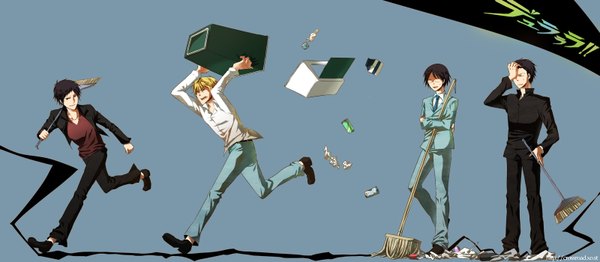 Anime picture 1600x700 with durarara!! brains base (studio) orihara izaya heiwajima shizuo kishitani shinra kadota kyohei aile (crossroads) short hair open mouth black hair simple background blonde hair smile wide image eyes closed shadow sweat crossed arms sweatdrop running