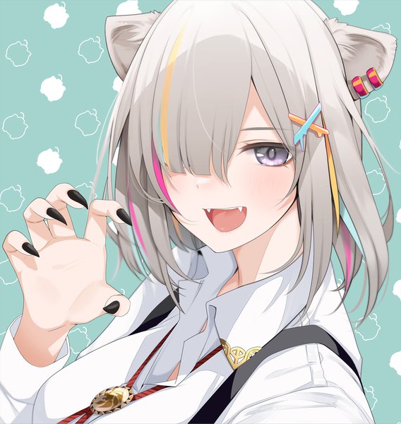 Anime picture 1024x1081 with virtual youtuber hololive shishiro botan shishiro botan (3rd costume) giba (out-low) single tall image blush fringe short hair open mouth simple background animal ears silver hair upper body nail polish :d multicolored hair fingernails hair over one eye