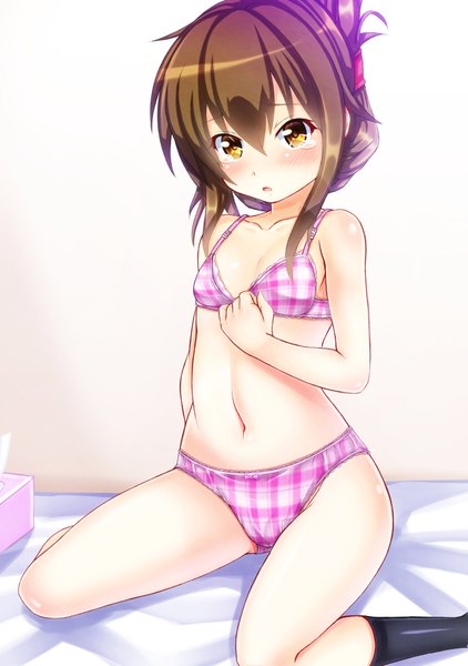 Anime picture 703x1000 with kantai collection inazuma destroyer ebi 193 single tall image blush fringe short hair open mouth light erotic hair between eyes brown hair sitting yellow eyes payot embarrassed underwear only wariza folded ponytail girl