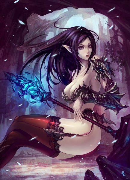 Anime picture 868x1200 with original zudarts lee single long hair tall image looking at viewer blush breasts light erotic black hair large breasts sitting bare shoulders cleavage lips pointy ears black eyes thighs crossed legs turning head