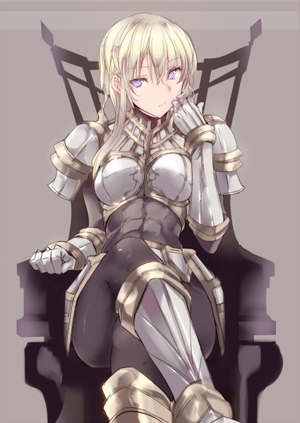 Anime picture 1002x1416 with original touma raito single long hair tall image looking at viewer fringe blonde hair sitting purple eyes crossed legs hand on cheek knight girl boots armor chair gauntlets