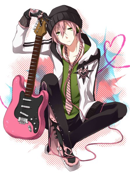 Anime picture 1000x1342 with vocaloid vy2 66 (roro) tagme (artist) single tall image highres short hair green eyes pink hair open clothes open jacket heart of string boy necktie boots heart headphones cap guitar