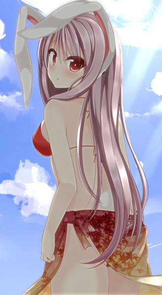 Anime picture 756x1376 with touhou reisen udongein inaba chimunge single long hair tall image blush light erotic red eyes animal ears purple hair cloud (clouds) tail animal tail looking back bunny ears bunny girl bunny tail girl swimsuit