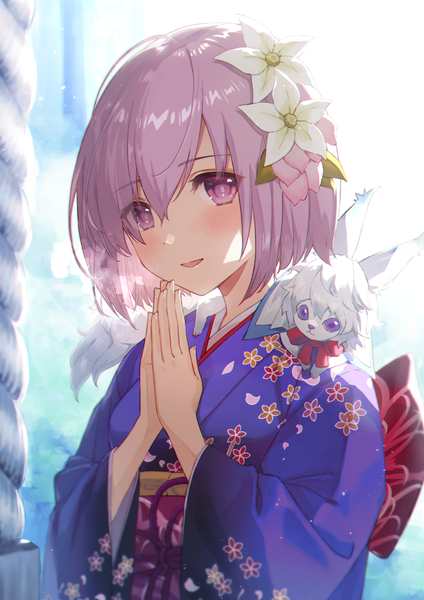 Anime picture 1413x2000 with fate (series) fate/grand order mash kyrielight fou (fate) fubuki (fakemonkey0224) single tall image blush fringe short hair purple eyes purple hair traditional clothes japanese clothes hair flower hair over one eye new year steam hands clasped praying
