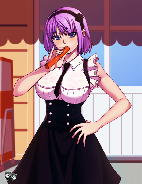 Anime picture 772x1000 with dagashi kashi feel (studio) shidare hotaru jadenkaiba single tall image looking at viewer short hair light erotic purple eyes purple hair hand on hip eating girl dress necktie food hairband sweets