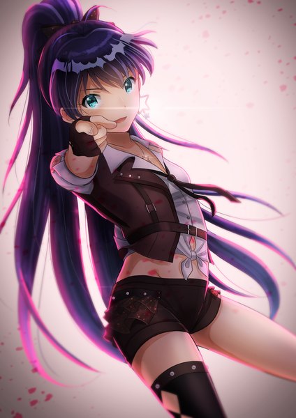 Anime picture 2894x4093 with idolmaster ganaha hibiki emirika single long hair tall image looking at viewer fringe highres open mouth hair between eyes purple hair ponytail aqua eyes gradient background outstretched arm groin pointing pointing at viewer girl