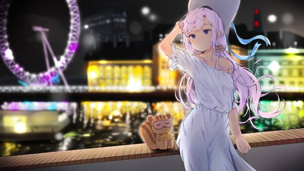 Anime picture 1777x1000 with original agnamore single long hair fringe highres wide image standing purple eyes twintails looking away purple hair outdoors wind off shoulder night low twintails city reflection city lights