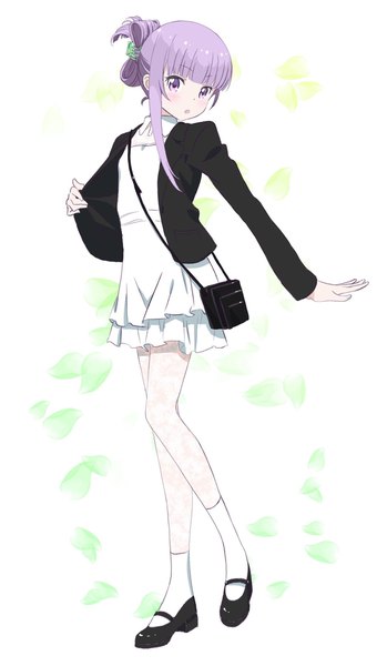 Anime picture 1191x2047 with new game! doga kobo suzukaze aoba pink x single long hair tall image looking at viewer open mouth simple background standing white background purple eyes payot purple hair full body head tilt open clothes open jacket snowflake print