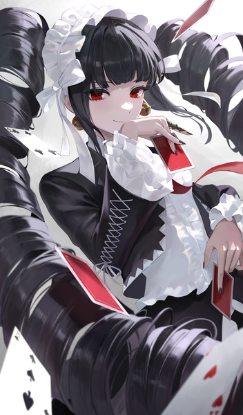 Anime picture 4027x6866 with dangan ronpa celestia ludenberg aimitkkays single long hair tall image looking at viewer fringe highres black hair smile twintails payot absurdres blunt bangs nail polish drill hair lolita fashion black nail polish goth-loli