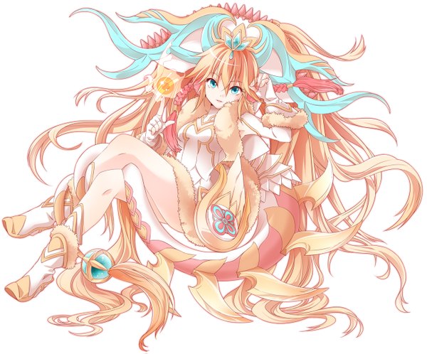 Anime picture 1300x1079 with puzzle & dragons leilan (p&d) mochi (shipir) single long hair looking at viewer blue eyes blonde hair white background tail crossed legs girl dress gloves hair ornament boots fingerless gloves