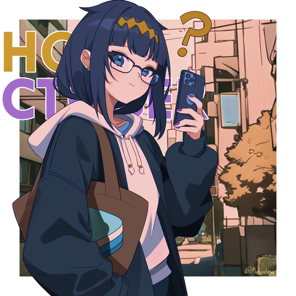 Anime picture 2250x2250 with virtual youtuber hololive hololive english ninomae ina'nis meiyoshima single looking at viewer highres short hair blue eyes blue hair nail polish open jacket border outside border ? purple nail polish girl glasses jacket