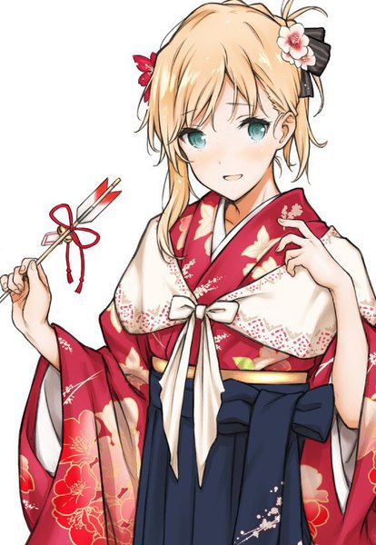 Anime picture 568x822 with gamers! pine jam tendou karen saboten single long hair tall image looking at viewer blush open mouth simple background blonde hair white background upper body traditional clothes japanese clothes aqua eyes girl arrow (arrows) hakama