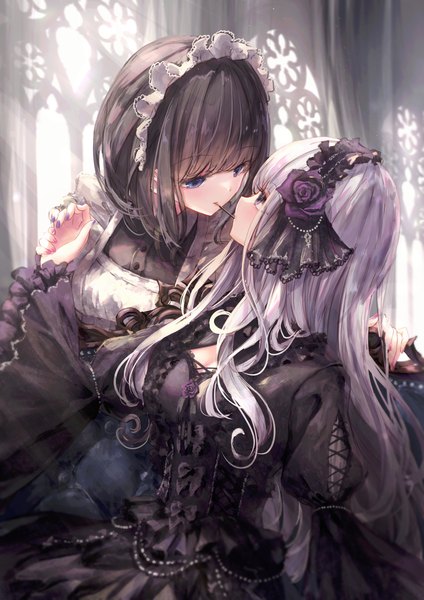 Anime picture 1302x1842 with original missle228 long hair tall image fringe short hair blue eyes black hair multiple girls holding white hair blunt bangs nail polish maid mouth hold shoujo ai frilled dress eye contact lolita fashion goth-loli