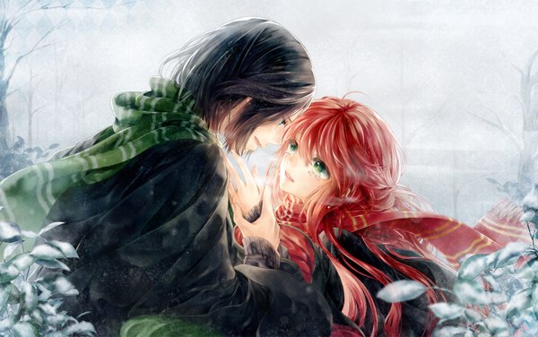 Anime picture 1720x1080 with harry potter severus snape lily evans meiriel long hair highres short hair black hair green eyes red hair couple tears face to face girl boy plant (plants) scarf striped scarf