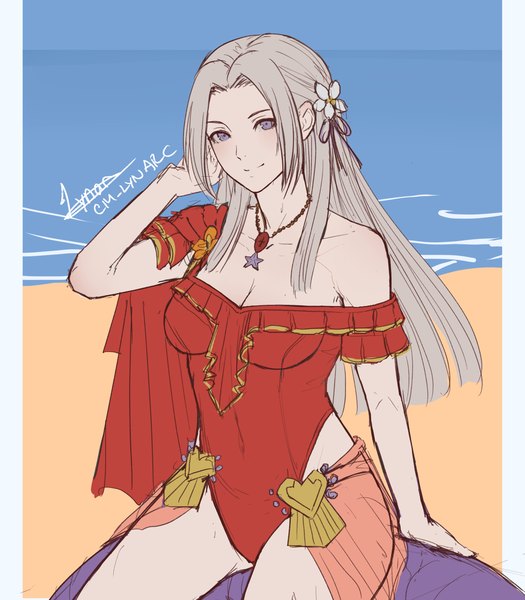 Anime picture 1313x1500 with fire emblem fire emblem: three houses fire emblem heroes nintendo edelgard von hresvelg edelgard von hresvelg (summer) cm lynarc single long hair tall image looking at viewer breasts light erotic smile large breasts sitting purple eyes signed arm up hair flower