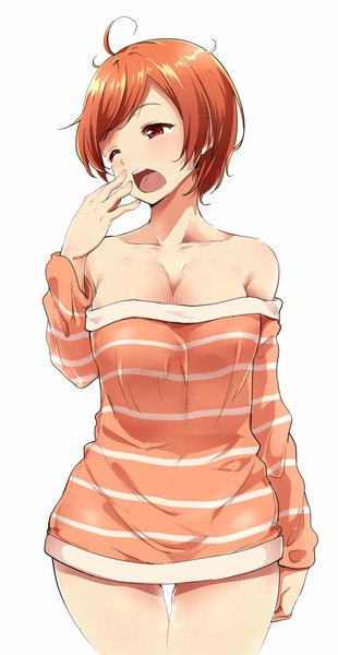 Anime picture 600x1158 with tokyo 7th sisters alp single tall image fringe short hair breasts open mouth light erotic simple background brown hair large breasts white background bare shoulders brown eyes looking away eyes closed one eye closed wink bare legs