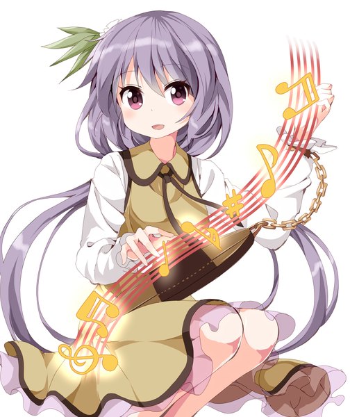 Anime picture 840x1000 with touhou tsukumo benben ruu (tksymkw) single long hair tall image blush fringe open mouth simple background white background sitting purple eyes looking away purple hair girl hair ornament chain musical note