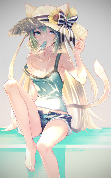 Anime picture 624x1000 with fate (series) fate/grand order fate/apocrypha atalanta (fate) miyuki ruria single long hair tall image looking at viewer blush fringe breasts light erotic simple background blonde hair hair between eyes sitting holding green eyes animal ears
