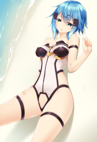 Anime picture 1100x1600 with sword art online a-1 pictures asada shino shokuyou mogura single long hair tall image looking at viewer blue eyes light erotic bare shoulders blue hair lying on back beach girl hair ornament water sea bodysuit