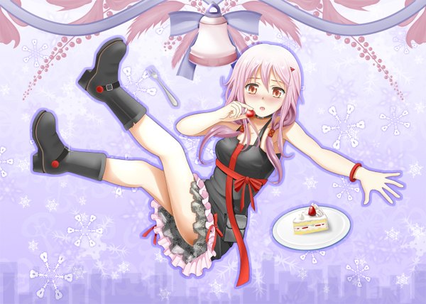 Anime picture 1400x1000 with guilty crown production i.g yuzuriha inori single long hair looking at viewer blush red eyes pink hair legs girl hair ornament ribbon (ribbons) food boots bracelet sweets hairclip bell collar