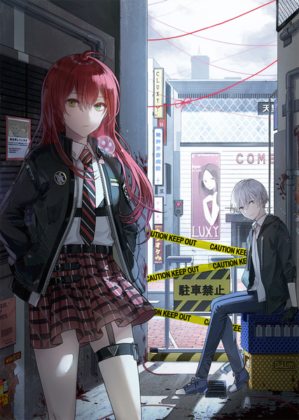 Anime picture 800x1125 with original kim eb long hair tall image looking at viewer fringe short hair smile hair between eyes standing sitting green eyes silver hair full body ahoge outdoors red hair open jacket shadow grey eyes
