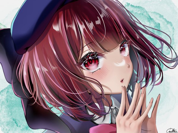 Anime picture 2048x1536 with oshi no ko arima kana rkc single looking at viewer blush fringe highres short hair red eyes upper body red hair blunt bangs fingernails face fingers together girl beret