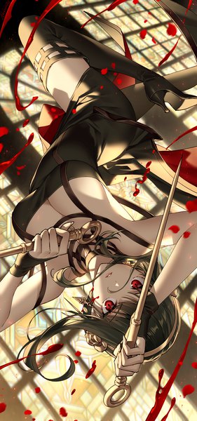 Anime picture 900x1920 with spy x family yor briar nardack single long hair tall image looking at viewer fringe breasts light erotic black hair red eyes large breasts holding cleavage bent knee (knees) indoors parted lips high heels fighting stance