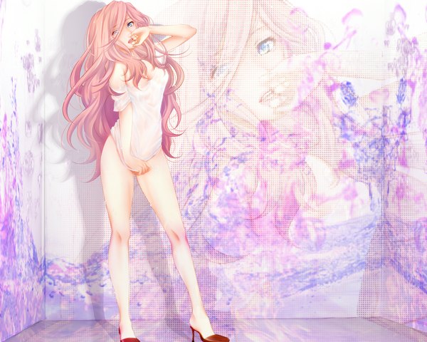 Anime picture 1900x1520 with vocaloid megurine luka masami chie single long hair fringe highres open mouth blue eyes light erotic bare shoulders pink hair cleavage hair over one eye wet lipstick wet clothes zoom layer girl