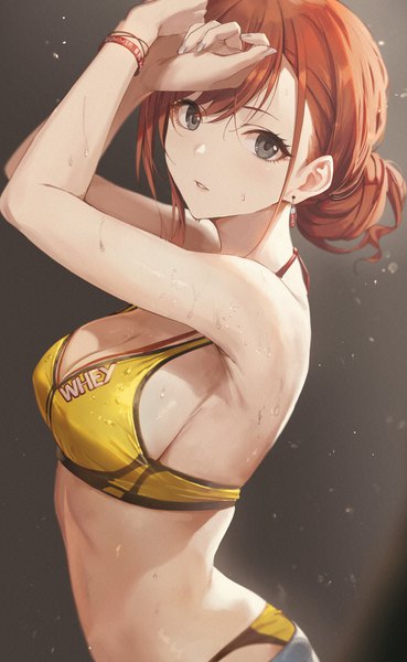 Anime picture 1000x1626 with idolmaster idolmaster shiny colors arisugawa natsuha sola (solo0730) single tall image looking at viewer blush fringe short hair breasts light erotic simple background hair between eyes large breasts standing payot nail polish parted lips head tilt