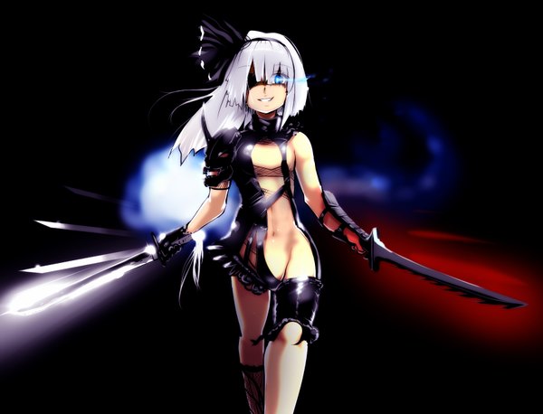 Anime picture 1700x1300 with touhou konpaku youmu myon hyudora (artist) single long hair looking at viewer fringe light erotic simple background standing bare shoulders holding silver hair bare legs bare belly torn clothes glowing black background glowing eye (eyes)