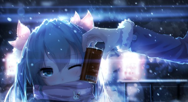 Anime picture 2500x1357 with vocaloid hatsune miku qys3 long hair looking at viewer blush highres wide image twintails holding one eye closed aqua eyes wink blurry aqua hair fur trim snowing winter snow revision
