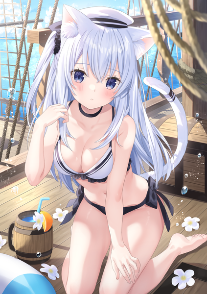 Anime picture 1539x2181 with virtual youtuber noripro mirutani nia jimmy madomagi single long hair tall image looking at viewer blush fringe breasts blue eyes light erotic hair between eyes animal ears sky cleavage silver hair cloud (clouds) full body