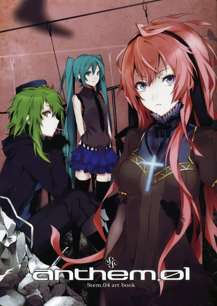 Anime picture 1070x1506 with vocaloid hatsune miku megurine luka gumi arisaka ako long hair tall image short hair blue eyes sitting twintails multiple girls green eyes pink hair ahoge profile green hair light smile scan aqua hair