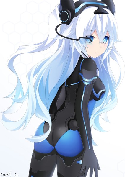 Anime picture 952x1350 with choujigen game neptune shin jigen game neptune vii noire black heart next black keenh single long hair tall image looking at viewer blush fringe breasts blue eyes light erotic simple background smile hair between eyes standing white background