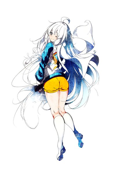 Anime picture 1714x2571 with original c.c.r single long hair tall image looking at viewer highres blue eyes simple background smile standing white background holding full body ahoge white hair head tilt one eye closed looking back from behind