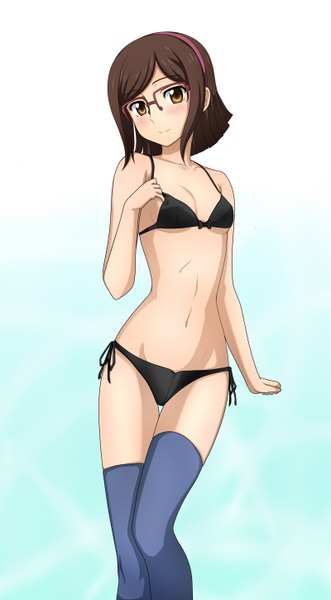 Anime picture 800x1450 with mobile suit gundam gundam build fighters sunrise (studio) kousaka china kenken single tall image short hair light erotic smile brown hair brown eyes underwear only girl thighhighs navel underwear panties glasses lingerie