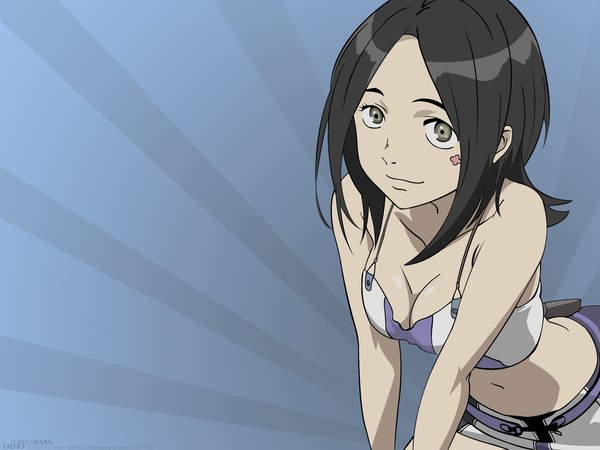 Anime picture 1600x1200 with eureka seven studio bones talho yuuki single long hair looking at viewer breasts black hair simple background cleavage light smile grey eyes blue background girl skirt crop top