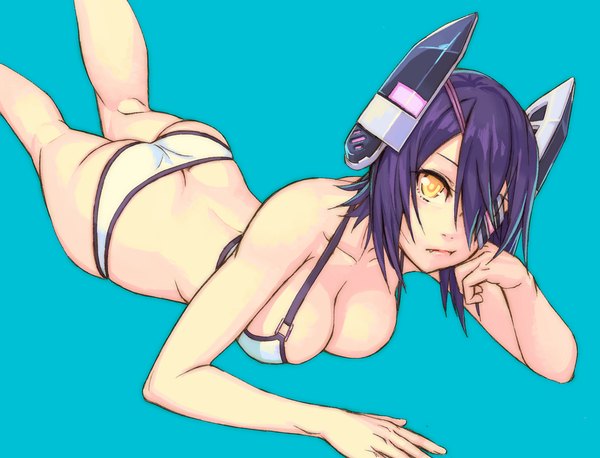 Anime picture 1000x764 with kantai collection tenryuu light cruiser yuuji (and) single fringe short hair breasts light erotic simple background hair between eyes large breasts yellow eyes cleavage purple hair ass lying arm support fang (fangs) thighs on stomach